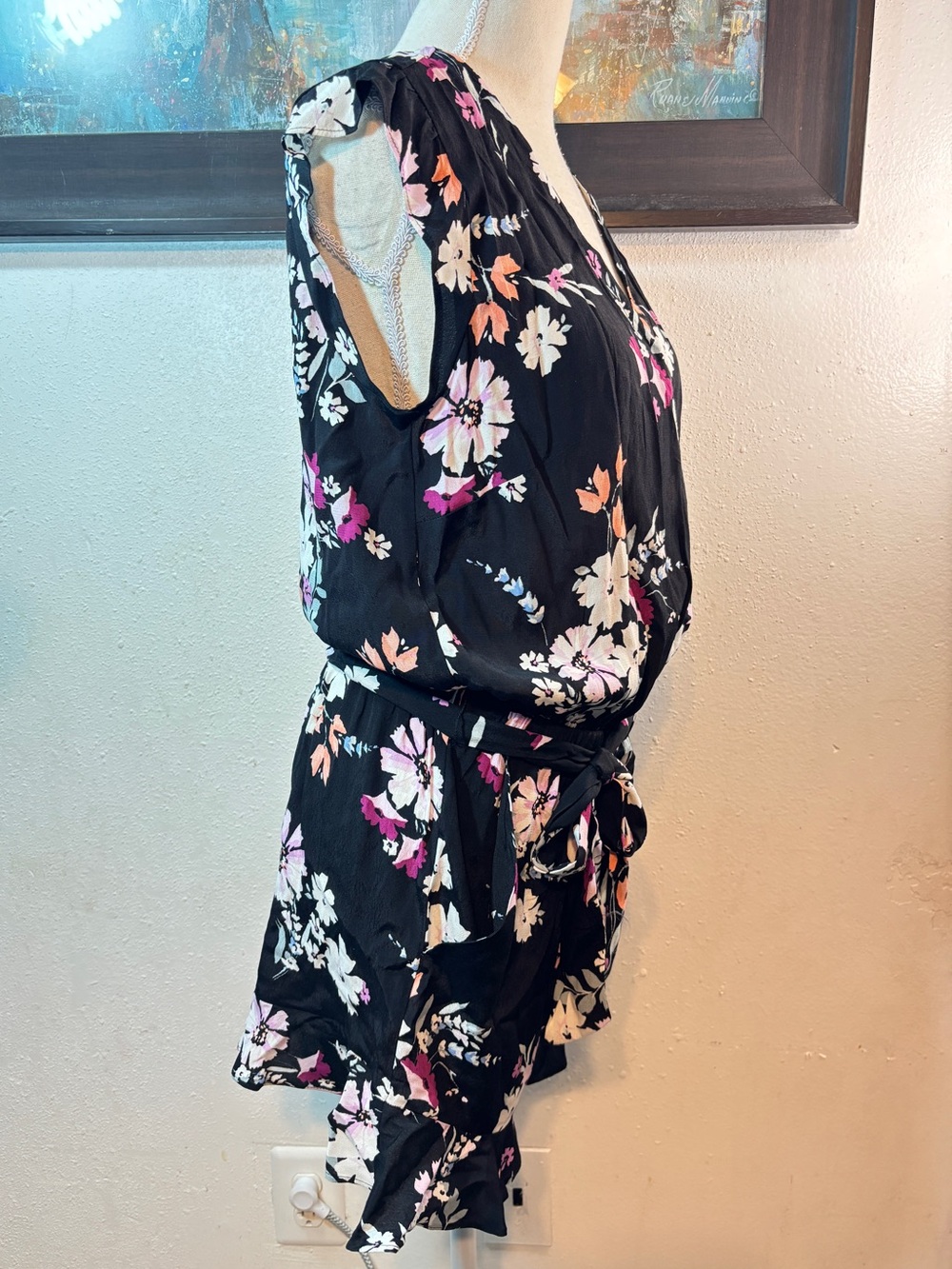 LOFT Black Floral V-Neck Tie-Waist Romper - Picture 6 of 9